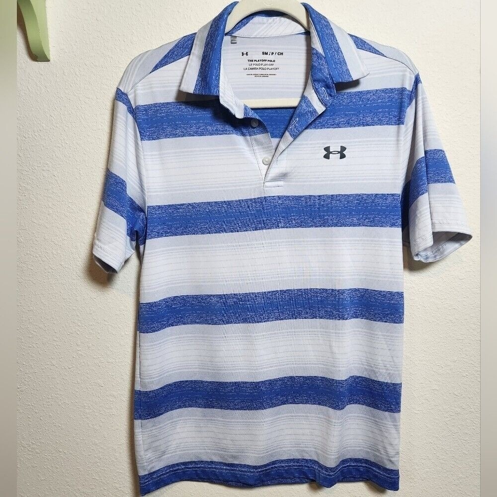 Under Armour Men's Playoff Golf Polo Shirt Blue White Stripes Short Sleeve Small
